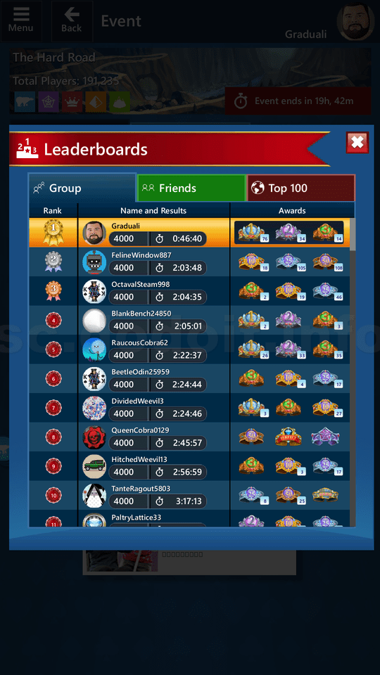 Microsoft Solitaire Collection Event Group Ranking